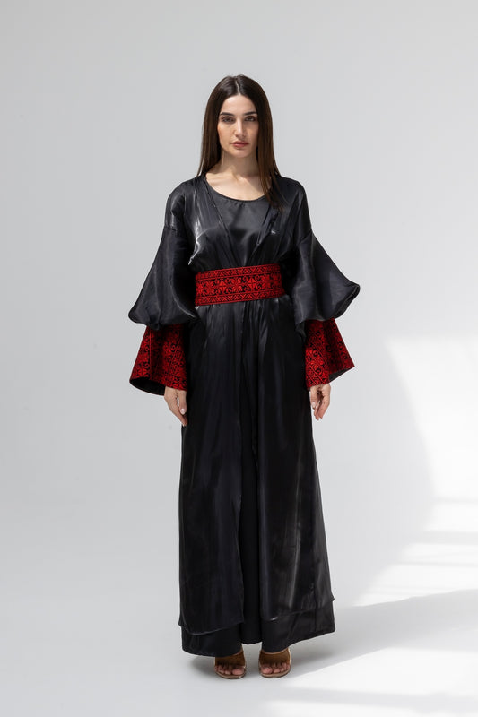 Satin Black Kaftan with Red Embroidery Details