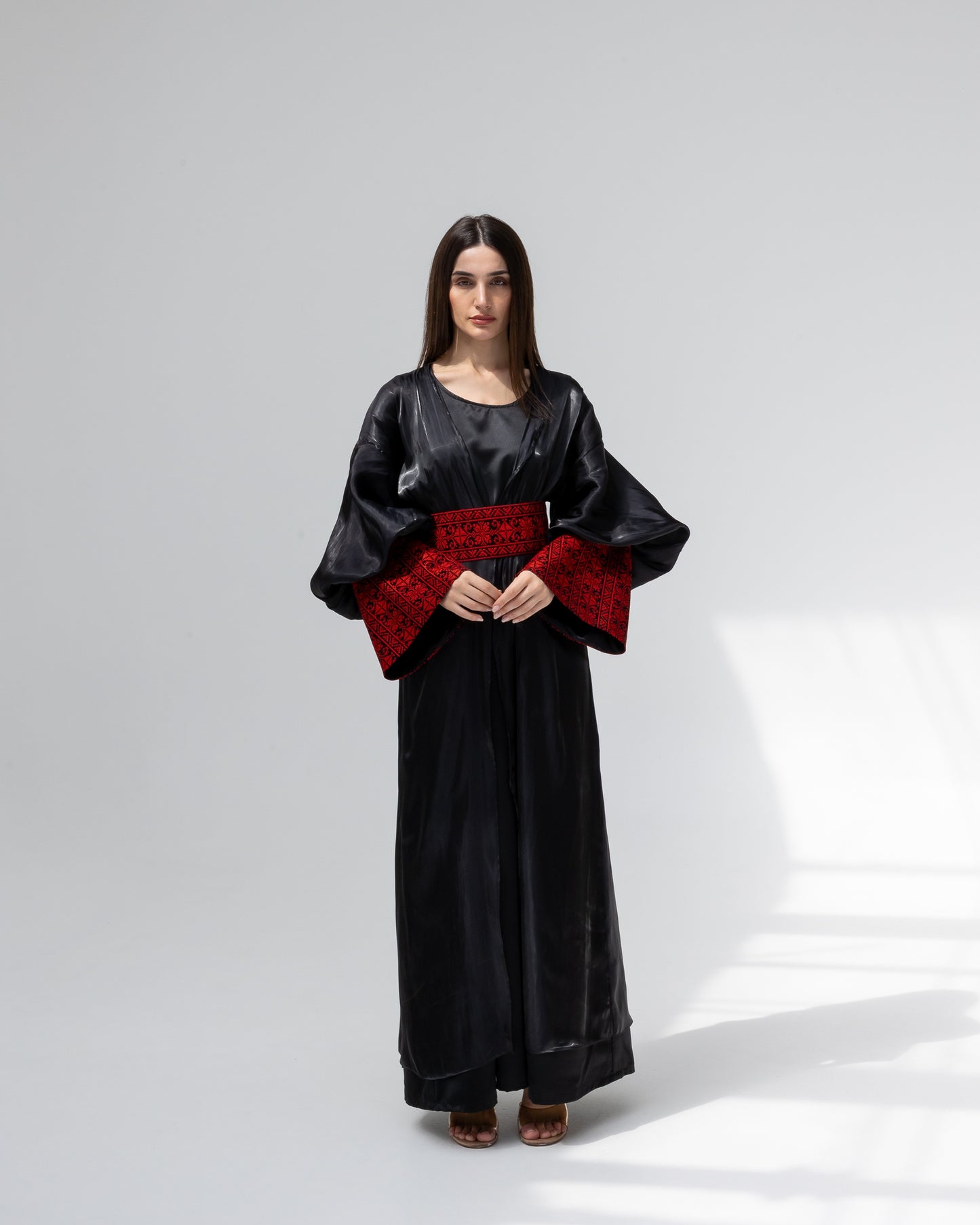 Satin Black Kaftan with Red Embroidery Details