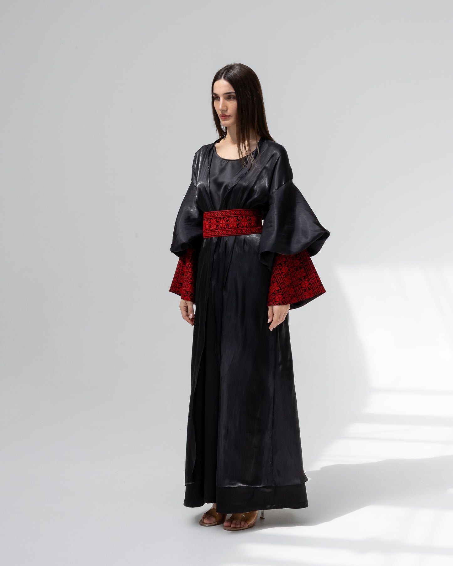 Satin Black Kaftan with Red Embroidery Details