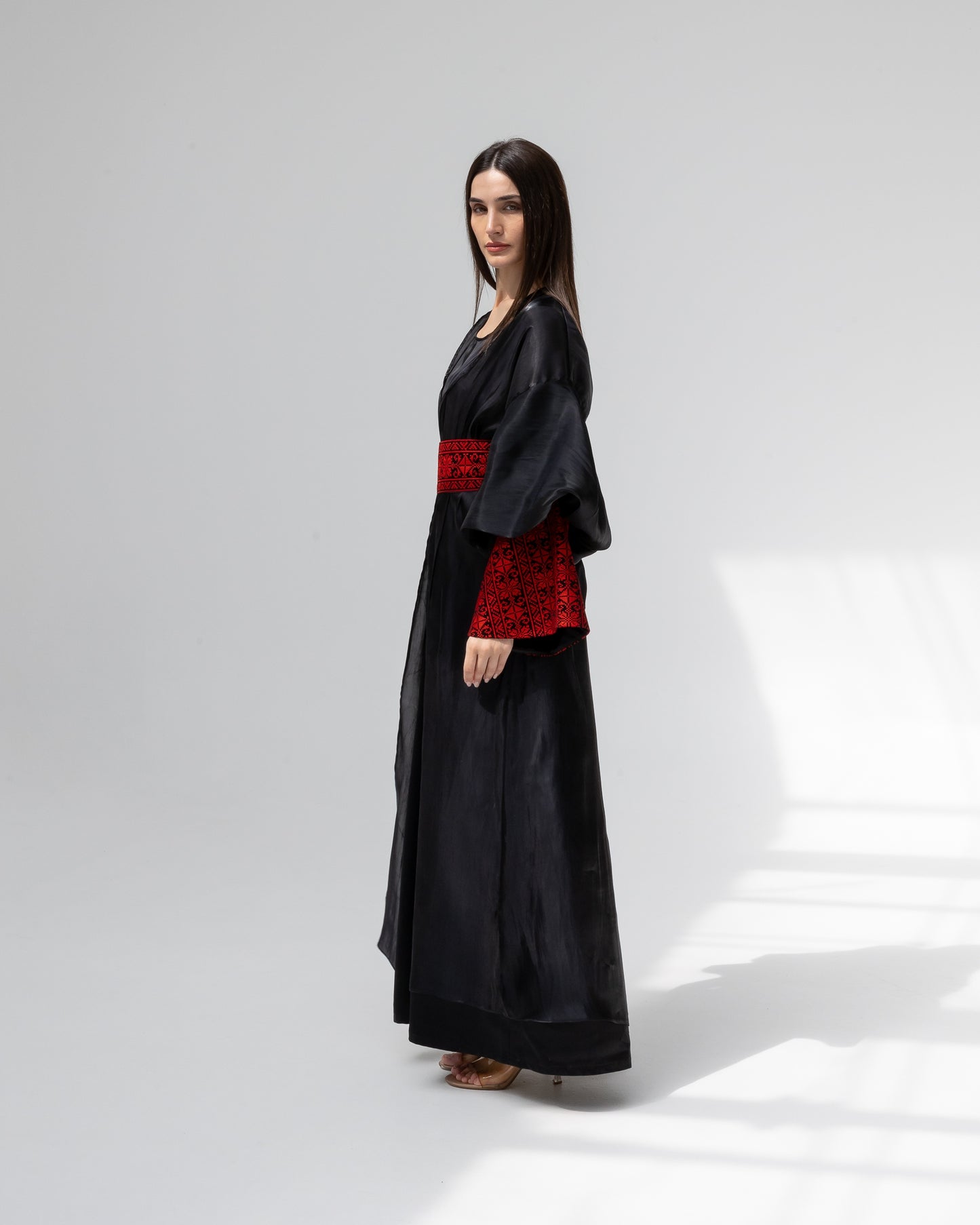 Satin Black Kaftan with Red Embroidery Details