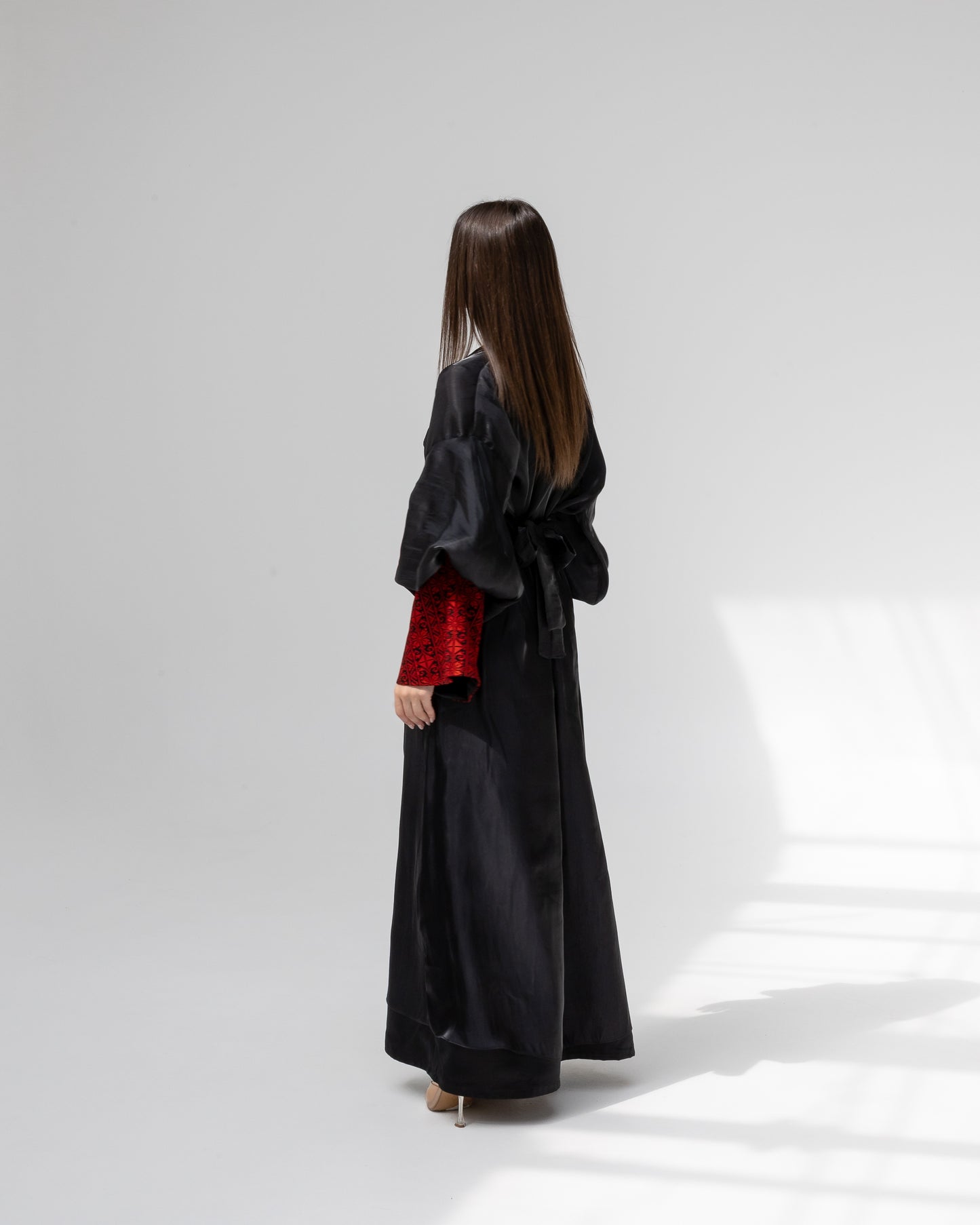 Satin Black Kaftan with Red Embroidery Details