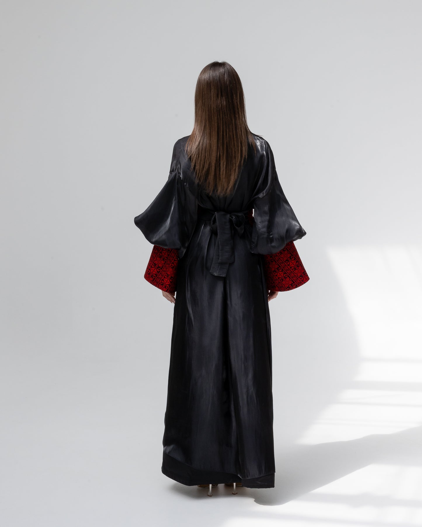 Satin Black Kaftan with Red Embroidery Details