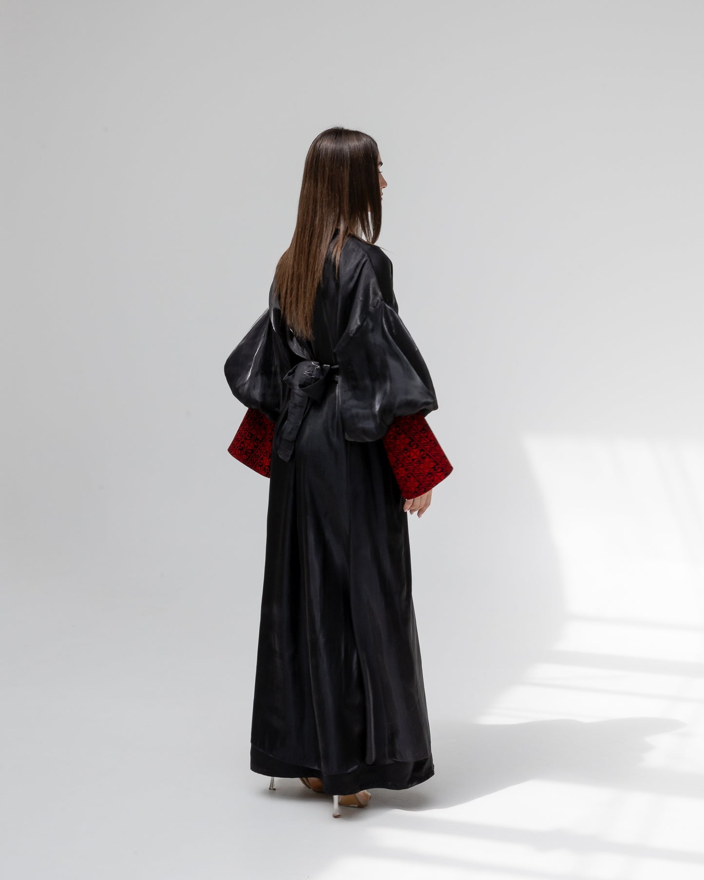 Satin Black Kaftan with Red Embroidery Details