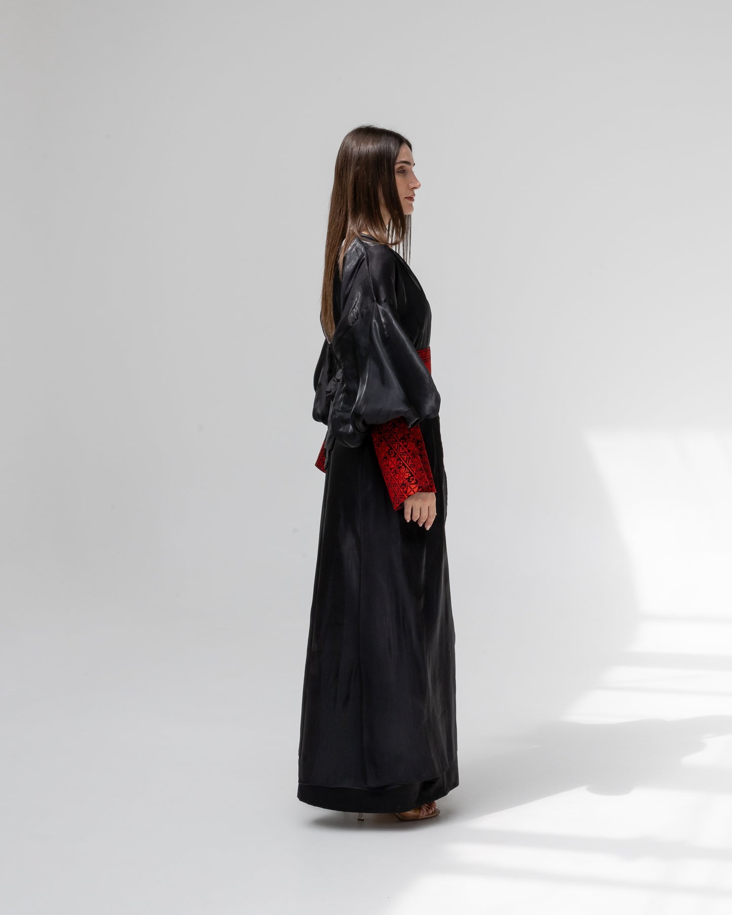 Satin Black Kaftan with Red Embroidery Details