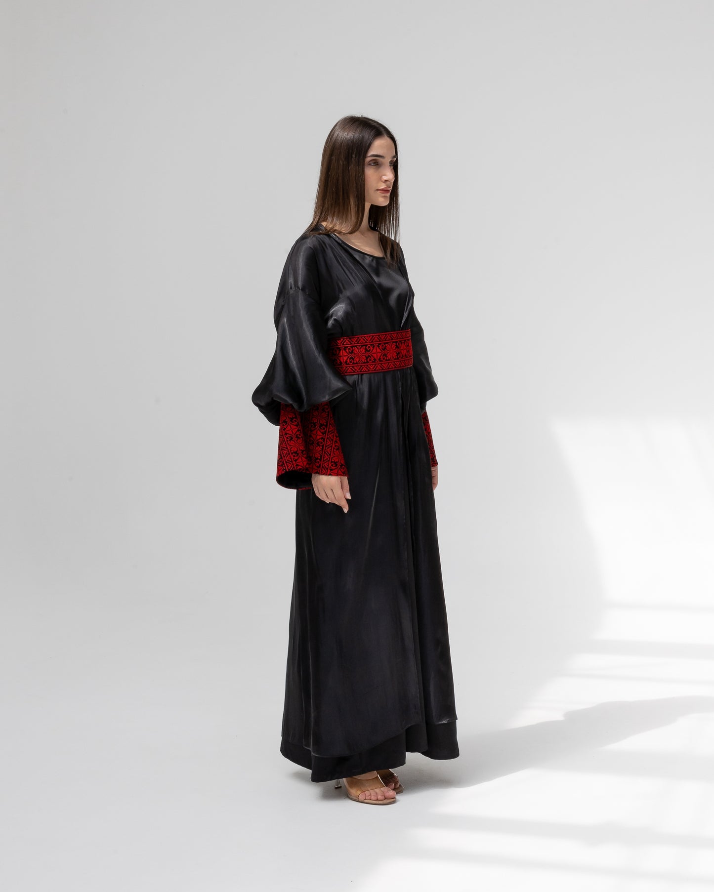 Satin Black Kaftan with Red Embroidery Details