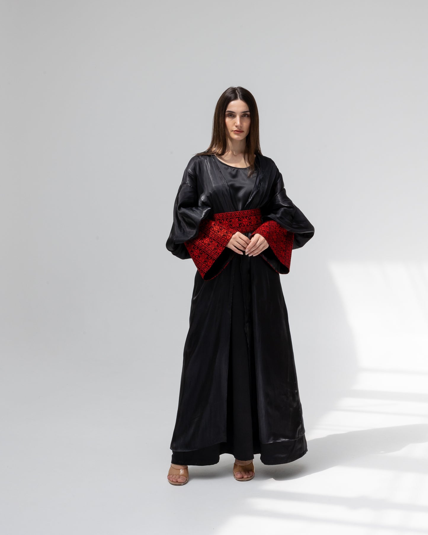 Satin Black Kaftan with Red Embroidery Details