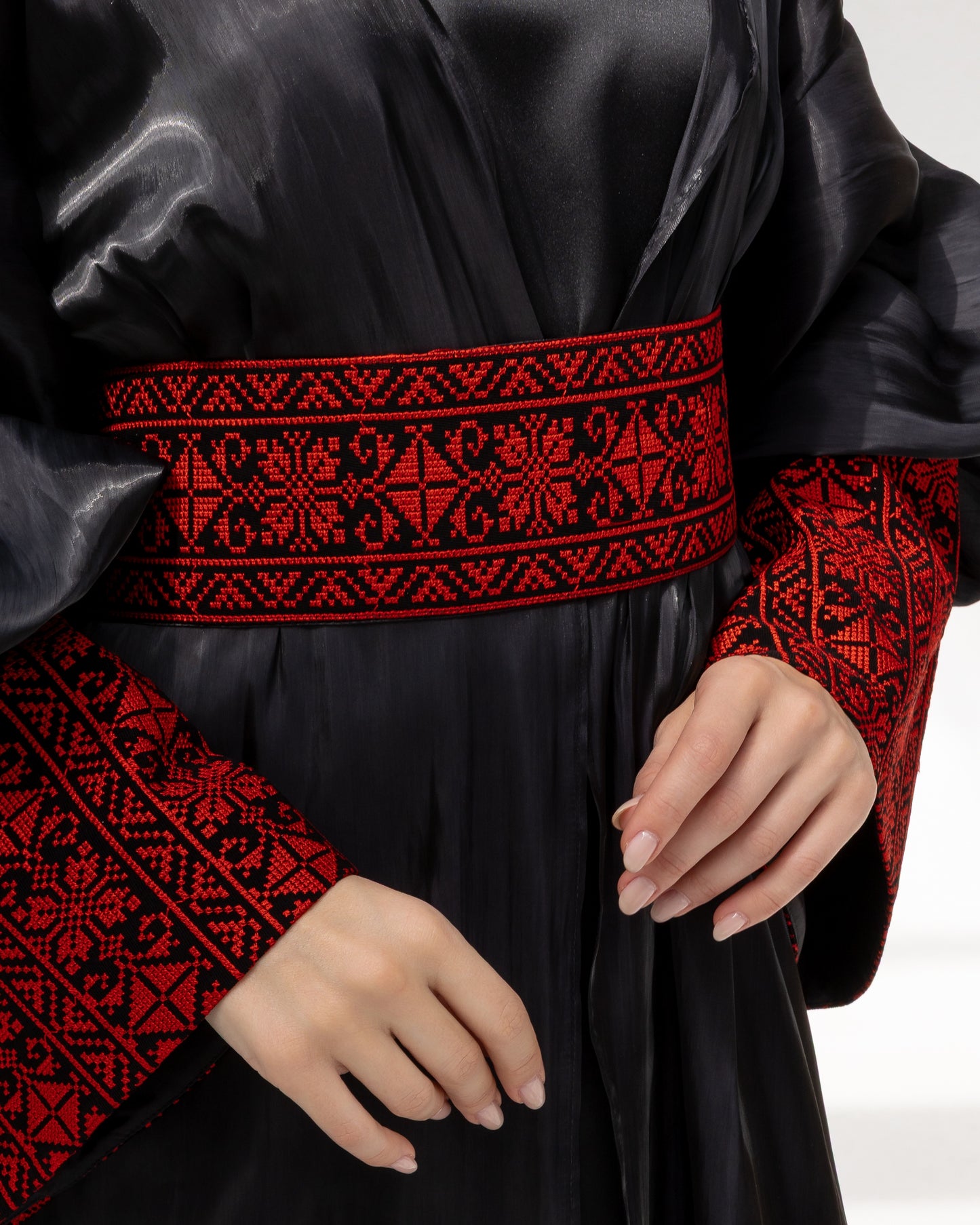 Satin Black Kaftan with Red Embroidery Details