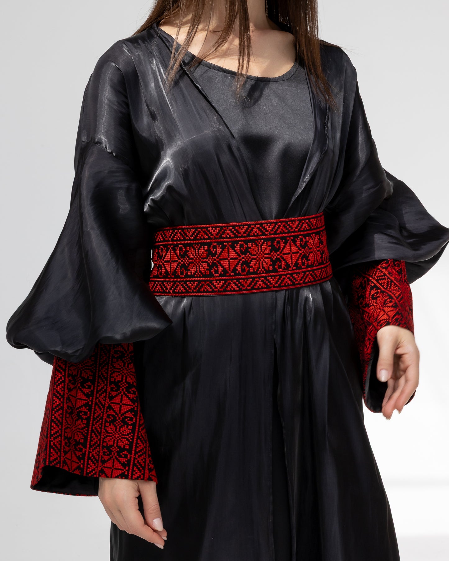 Satin Black Kaftan with Red Embroidery Details