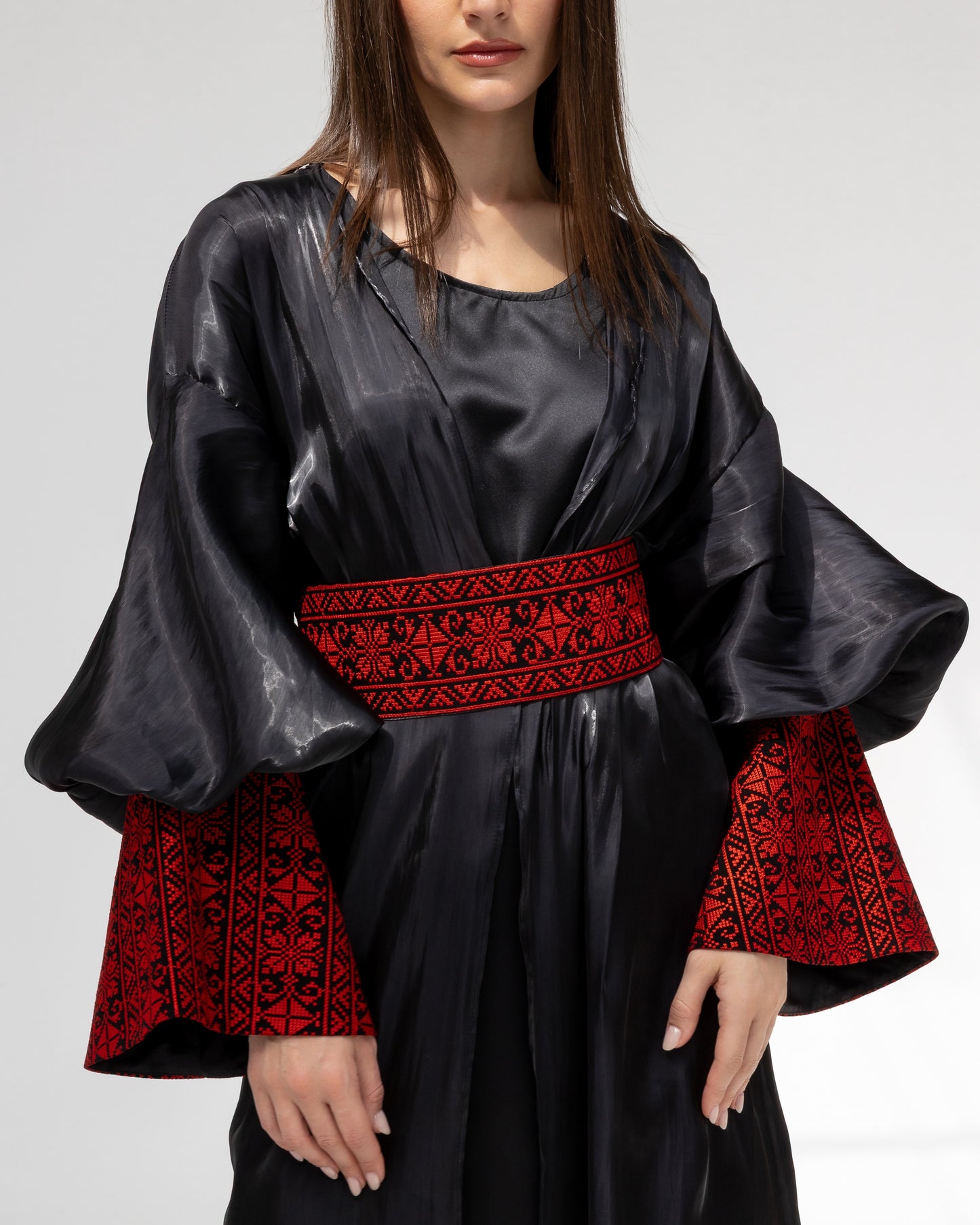 Satin Black Kaftan with Red Embroidery Details