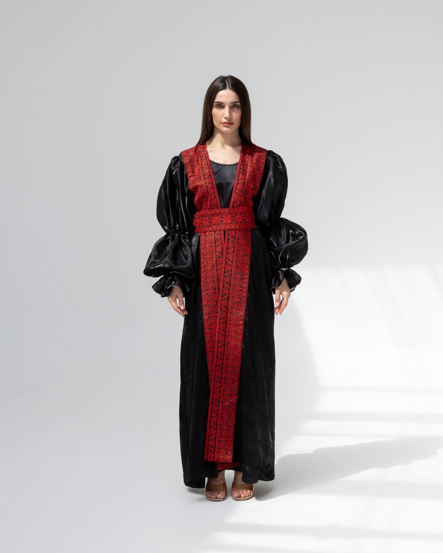 Satin Black Abaya with Red Embroidery Details
