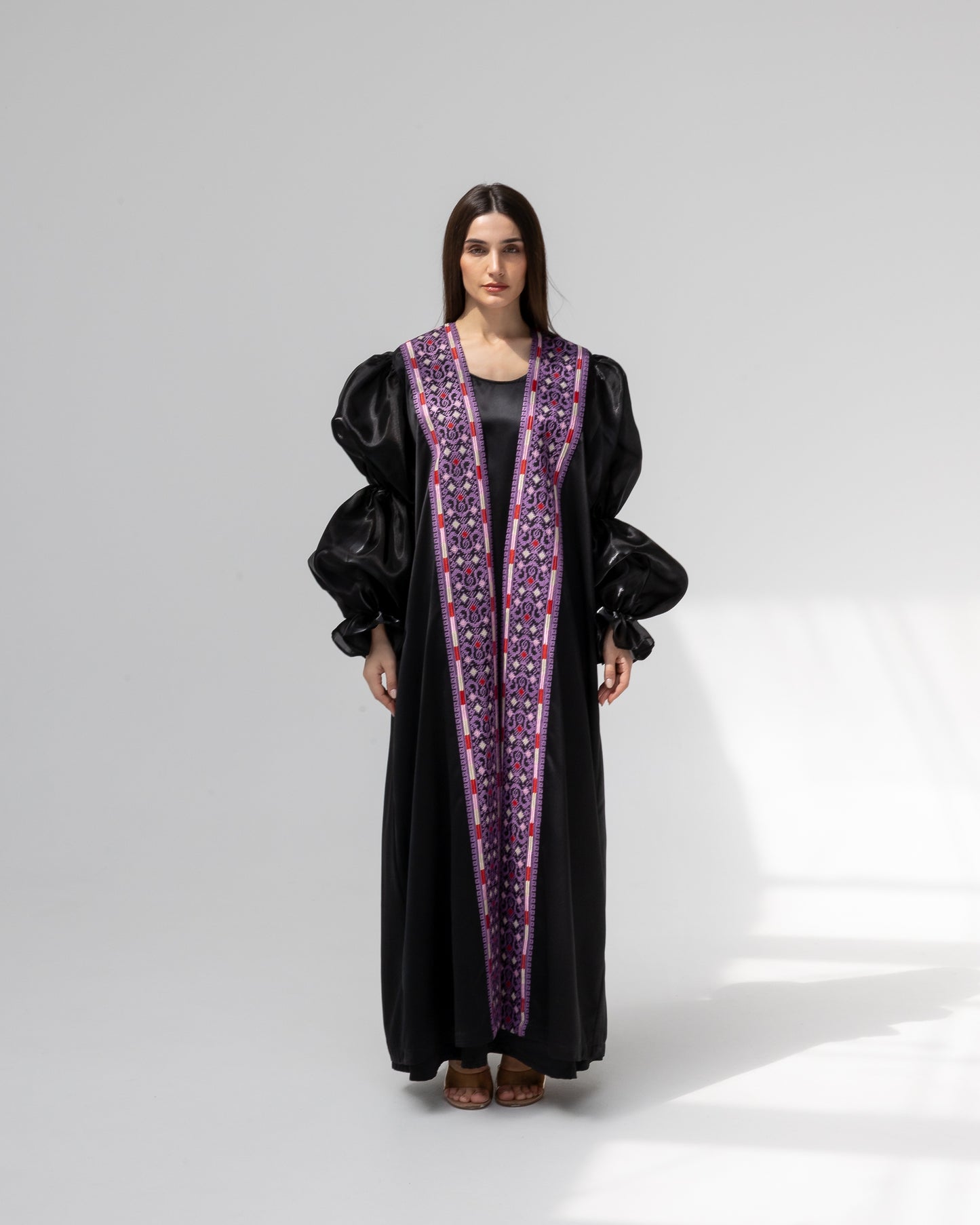 Satin Black Abaya with Purple Embroidery Details
