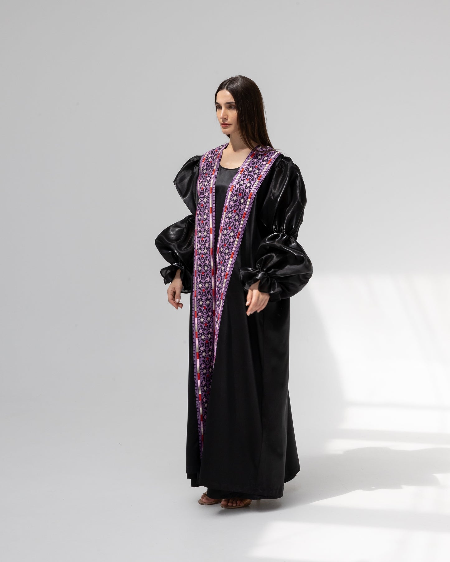 Satin Black Abaya with Purple Embroidery Details