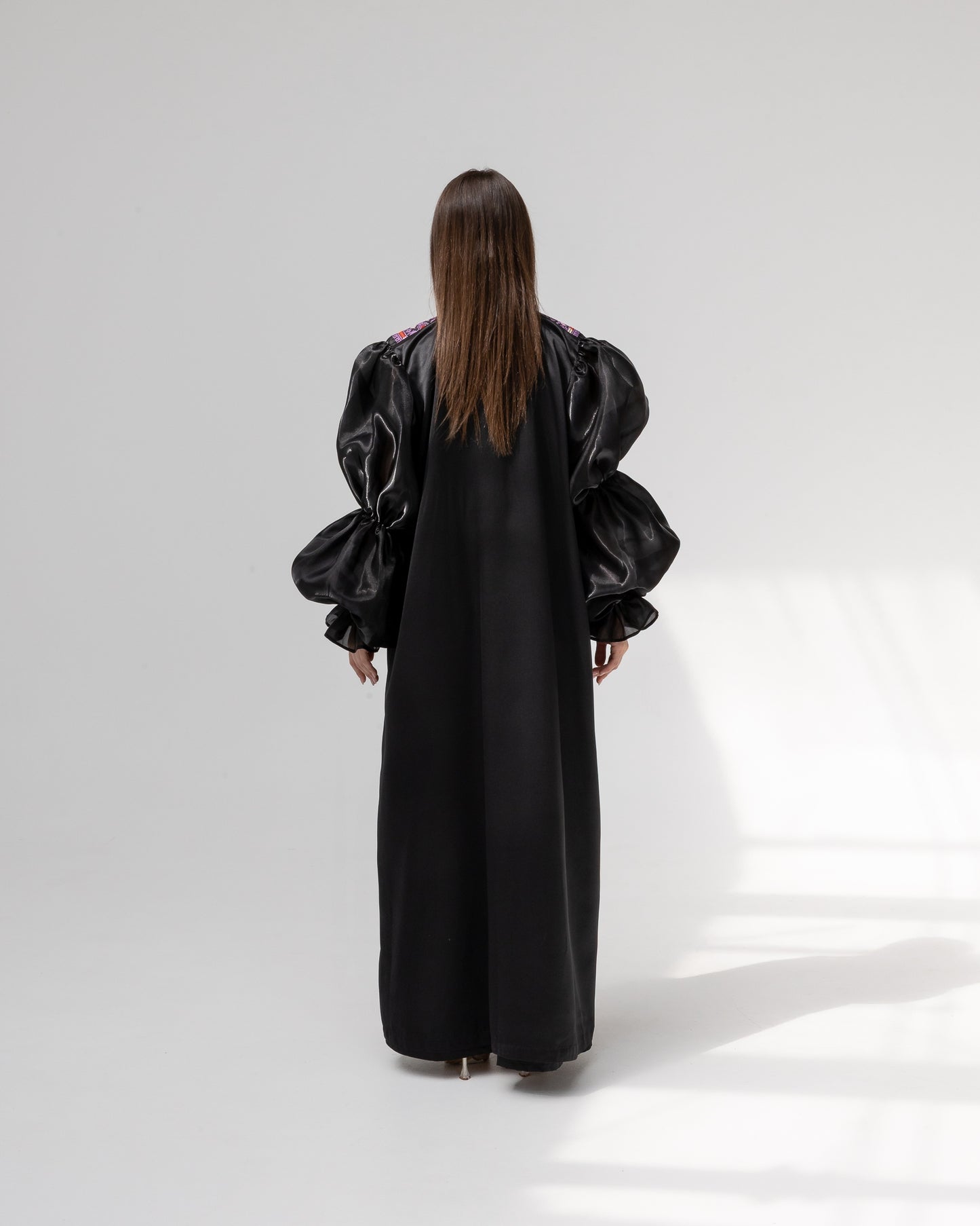 Satin Black Abaya with Purple Embroidery Details