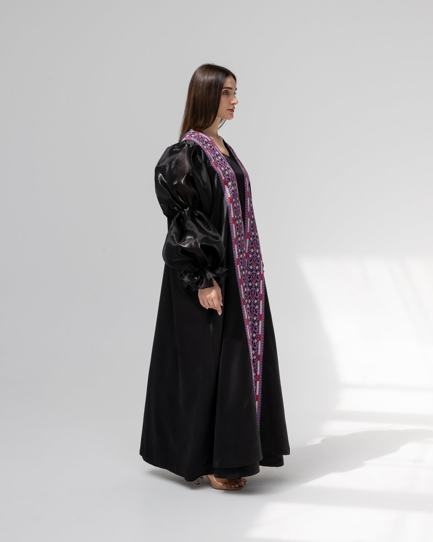 Satin Black Abaya with Purple Embroidery Details
