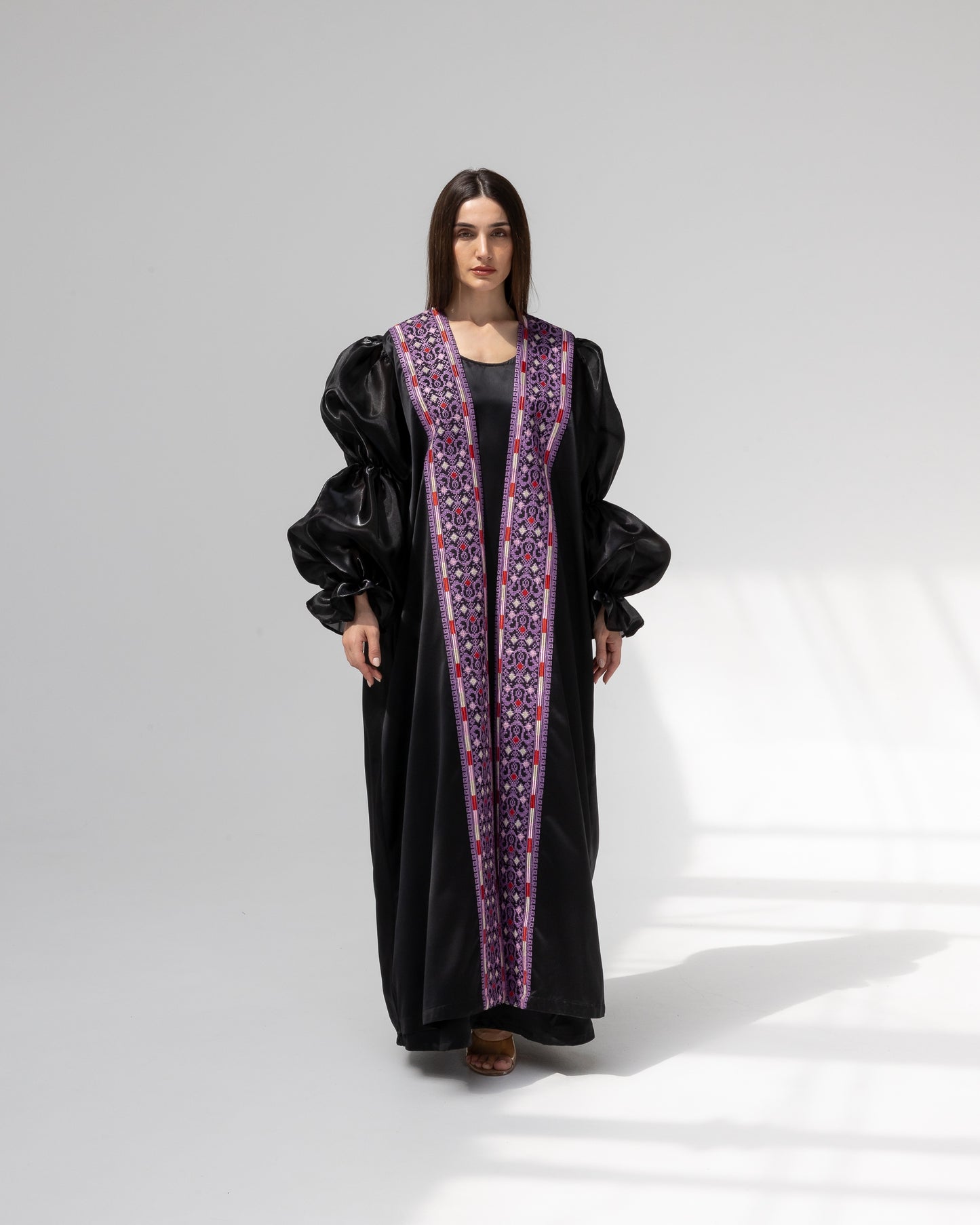 Satin Black Abaya with Purple Embroidery Details