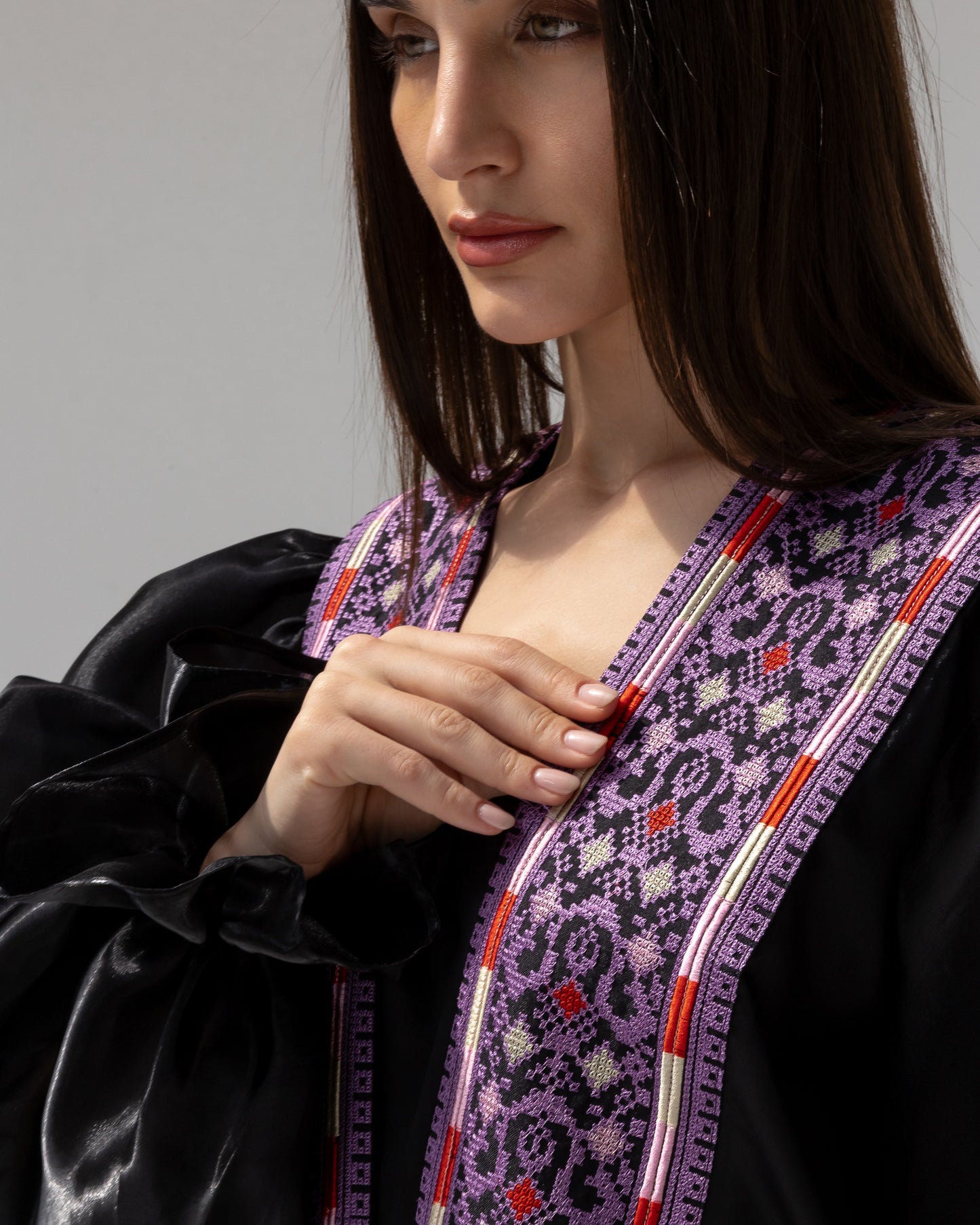 Satin Black Abaya with Purple Embroidery Details