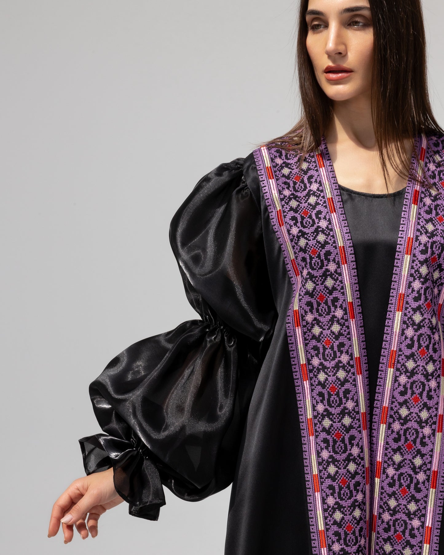 Satin Black Abaya with Purple Embroidery Details