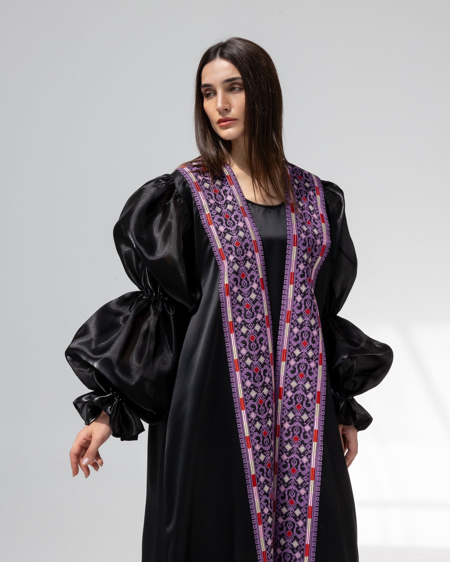 Satin Black Abaya with Purple Embroidery Details