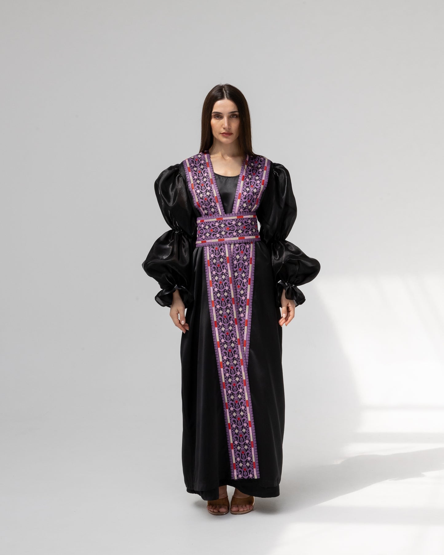 Satin Black Abaya with Purple Embroidery Details