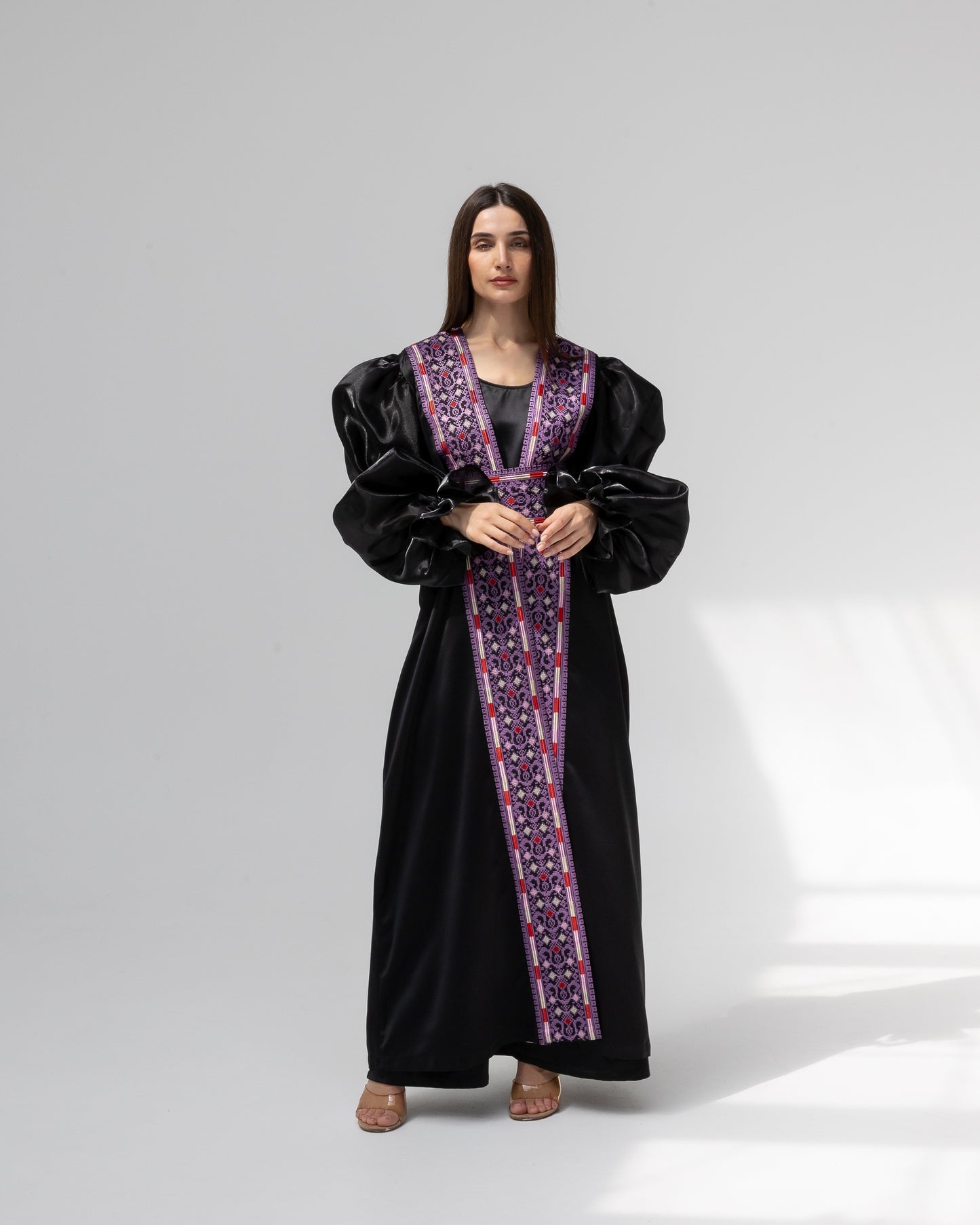 Satin Black Abaya with Purple Embroidery Details