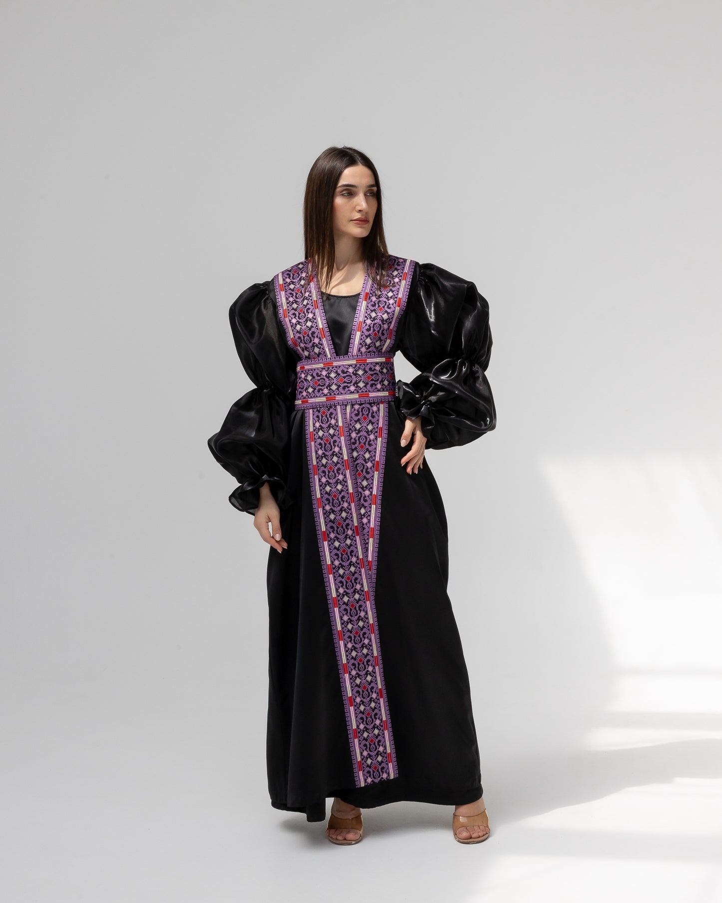 Satin Black Abaya with Purple Embroidery Details