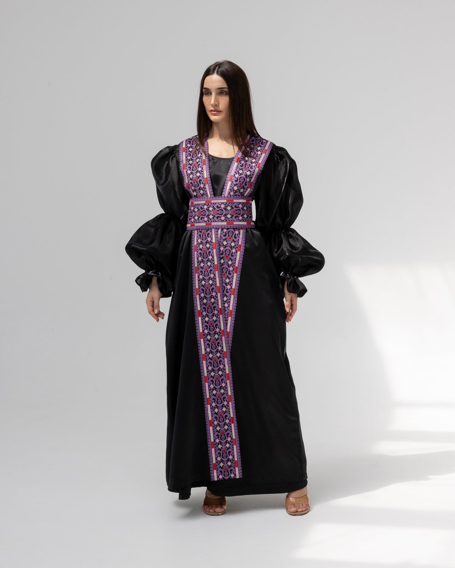Satin Black Abaya with Purple Embroidery Details