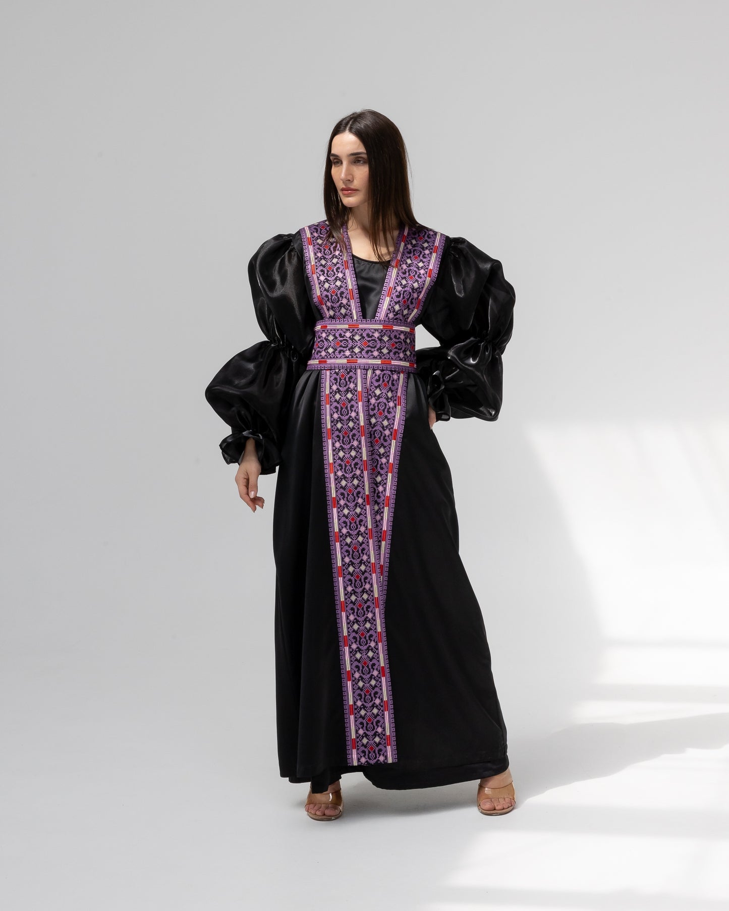 Satin Black Abaya with Purple Embroidery Details