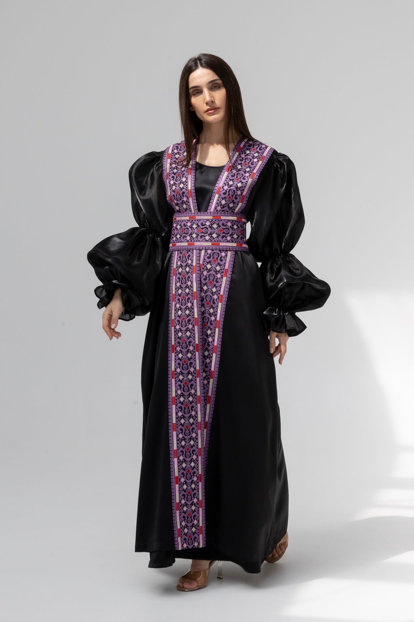 Satin Black Abaya with Purple Embroidery Details