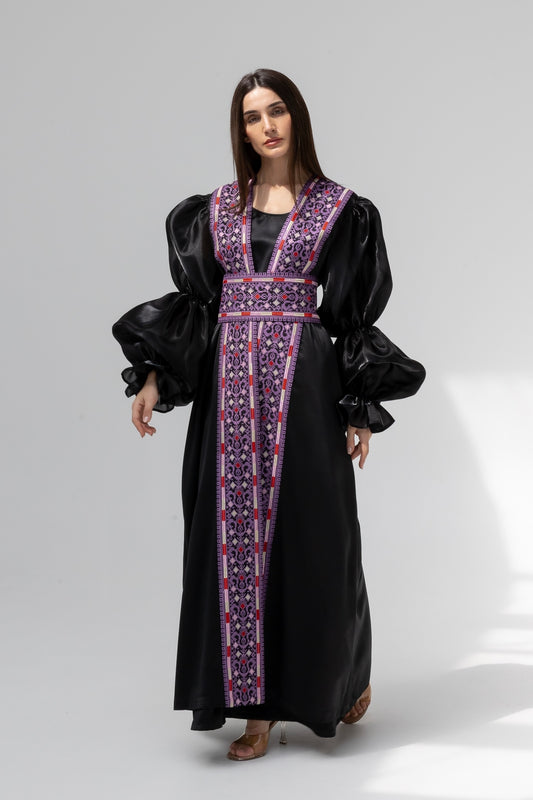 Satin Black Abaya with Purple Embroidery Details