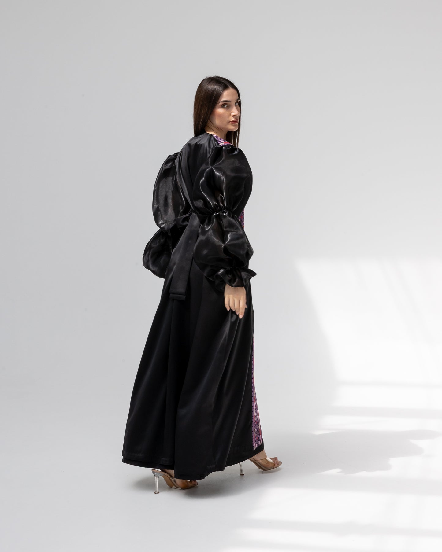 Satin Black Abaya with Purple Embroidery Details