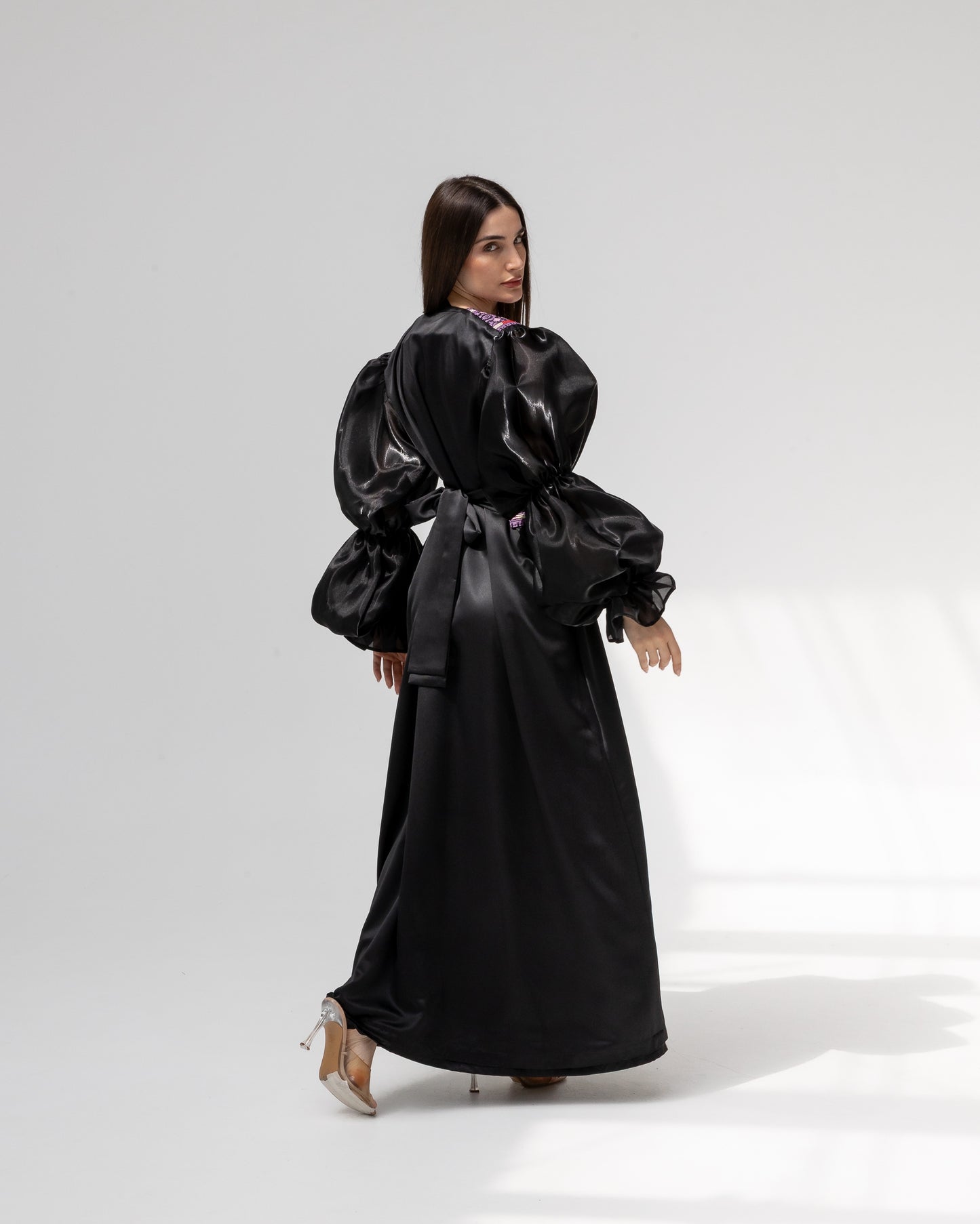 Satin Black Abaya with Purple Embroidery Details