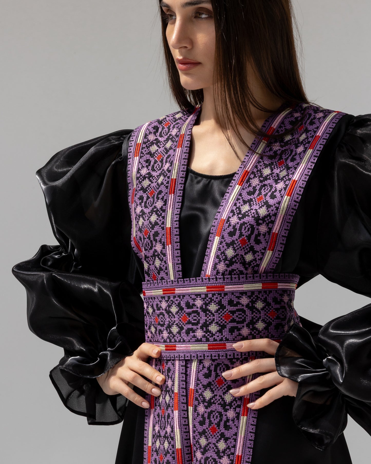Satin Black Abaya with Purple Embroidery Details