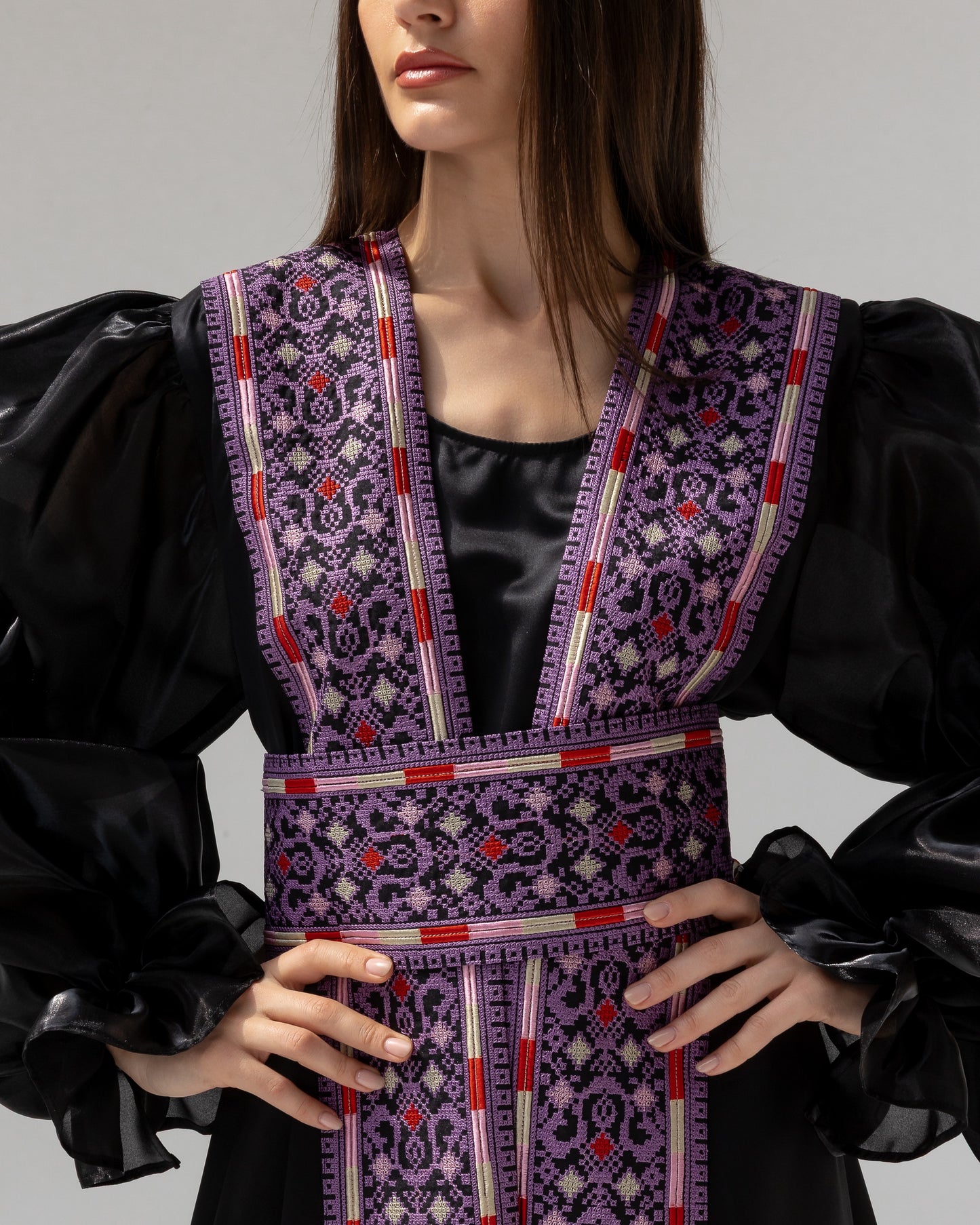 Satin Black Abaya with Purple Embroidery Details