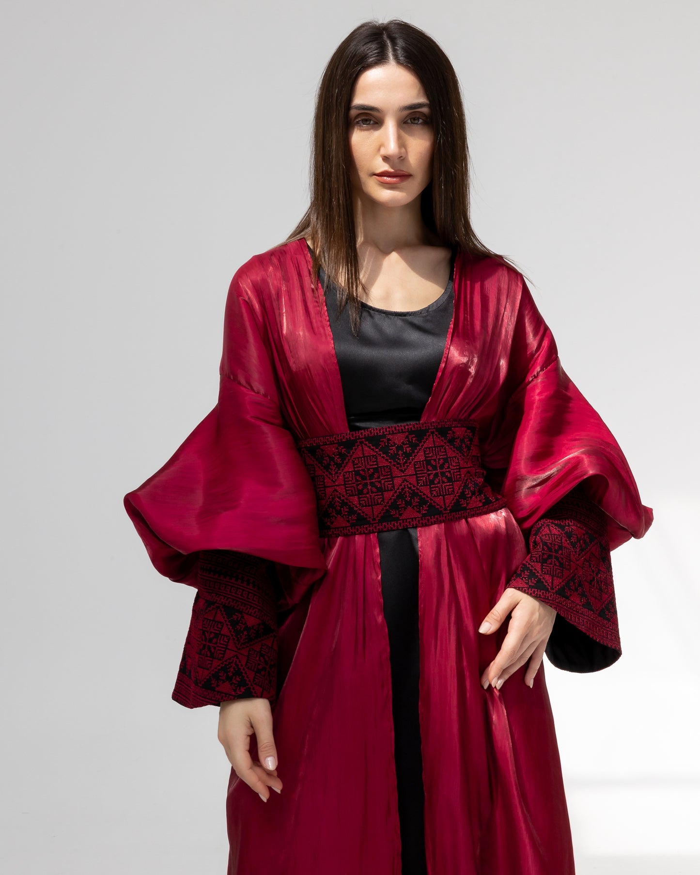 Satin Ruby Abaya with Embroidery Details