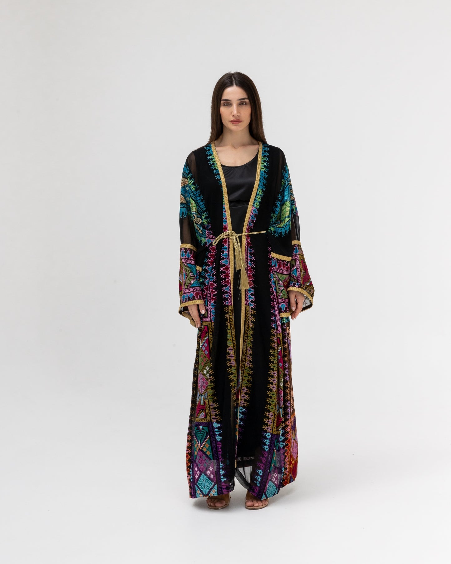 Black Sheer Abaya with colorful Embroidery