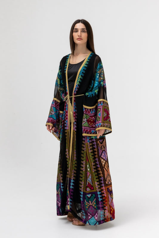 Black Sheer Abaya with colorful Embroidery