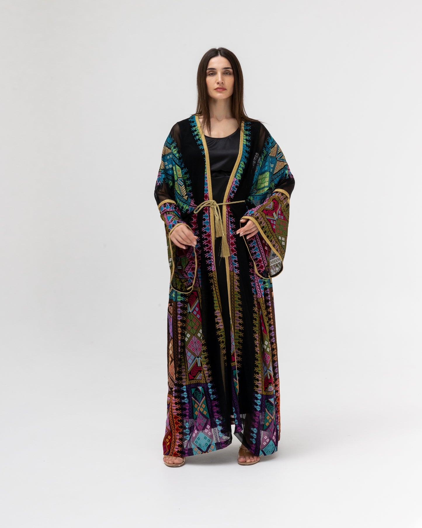 Black Sheer Abaya with colorful Embroidery
