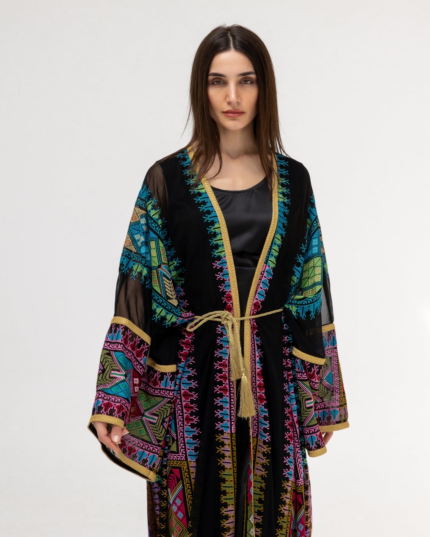 Black Sheer Abaya with colorful Embroidery