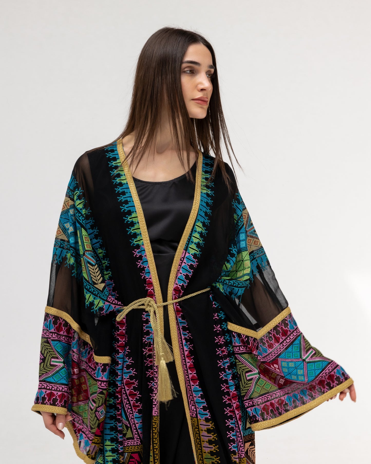 Black Sheer Abaya with colorful Embroidery