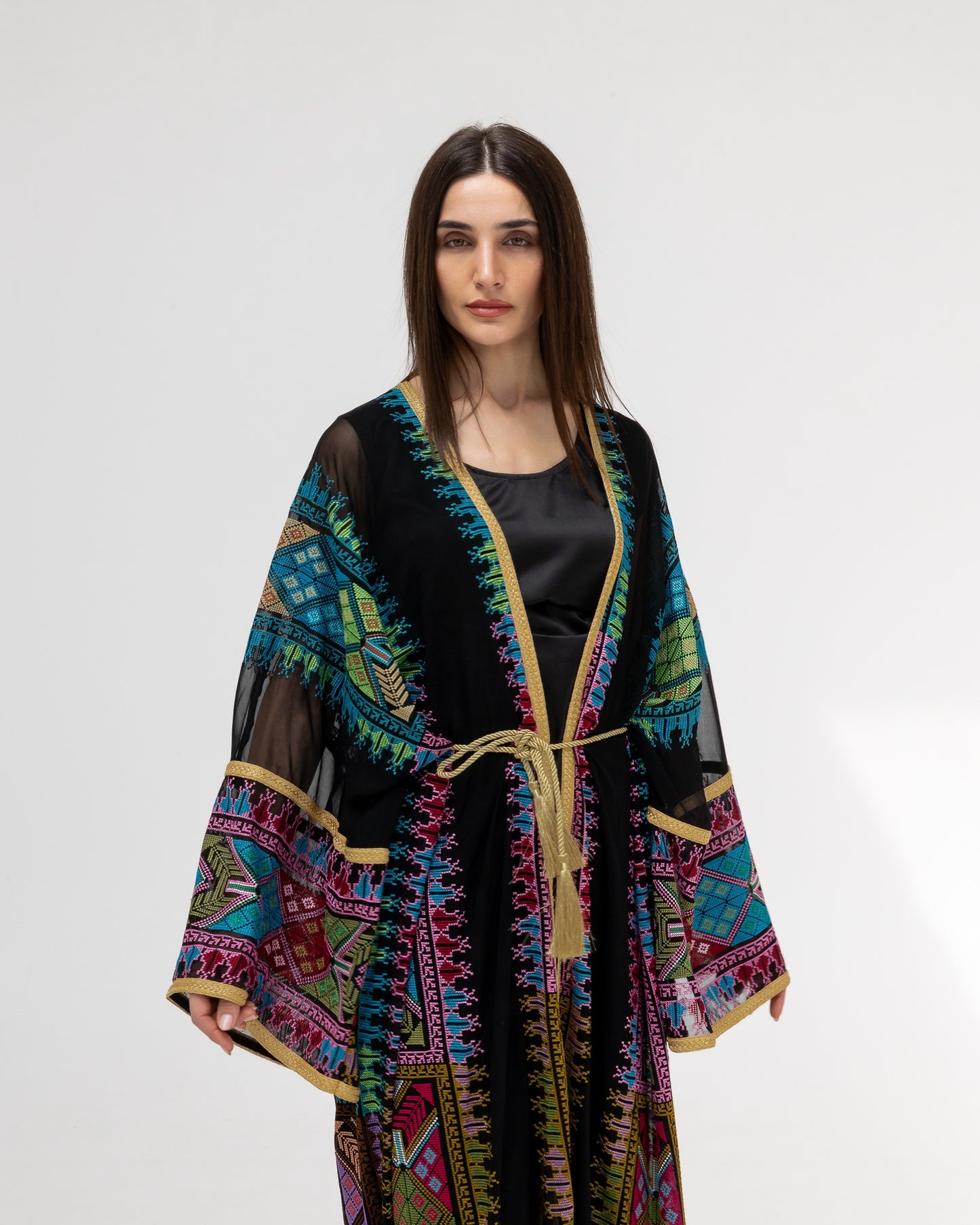 Black Sheer Abaya with colorful Embroidery