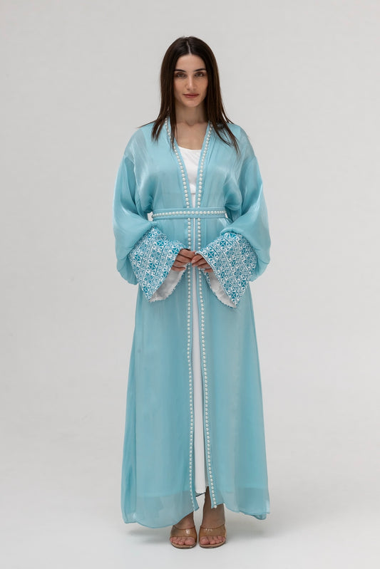 Sky Blue Abaya with Pearls and Embroidery