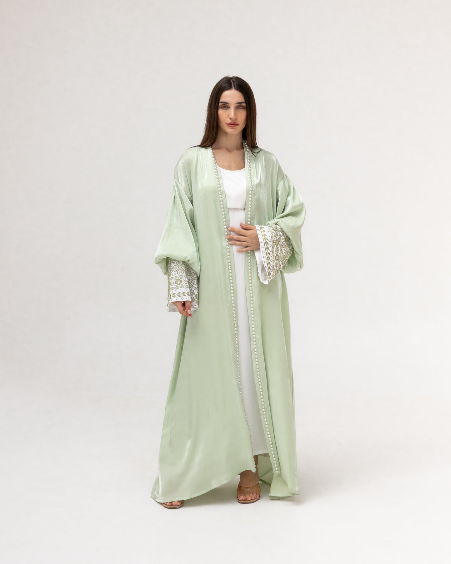 Pastel Green Abaya with Pearls and Embroidery
