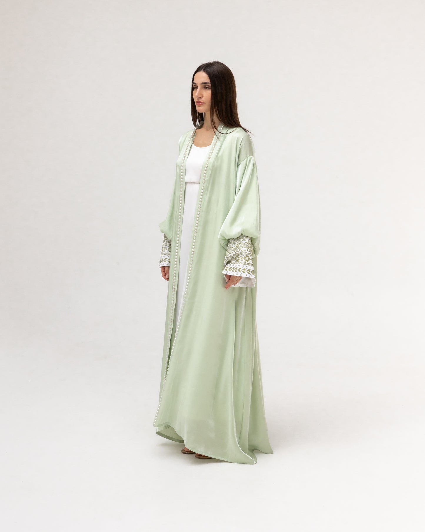 Pastel Green Abaya with Pearls and Embroidery