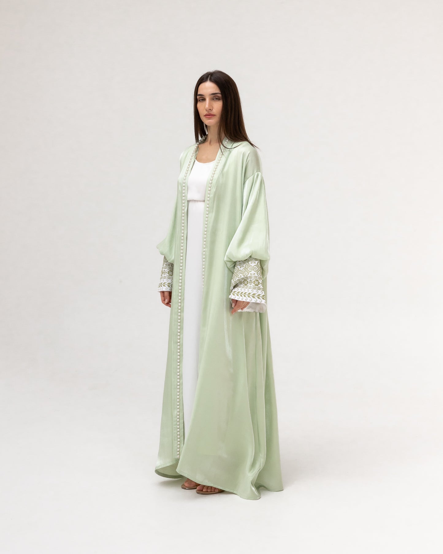 Pastel Green Abaya with Pearls and Embroidery