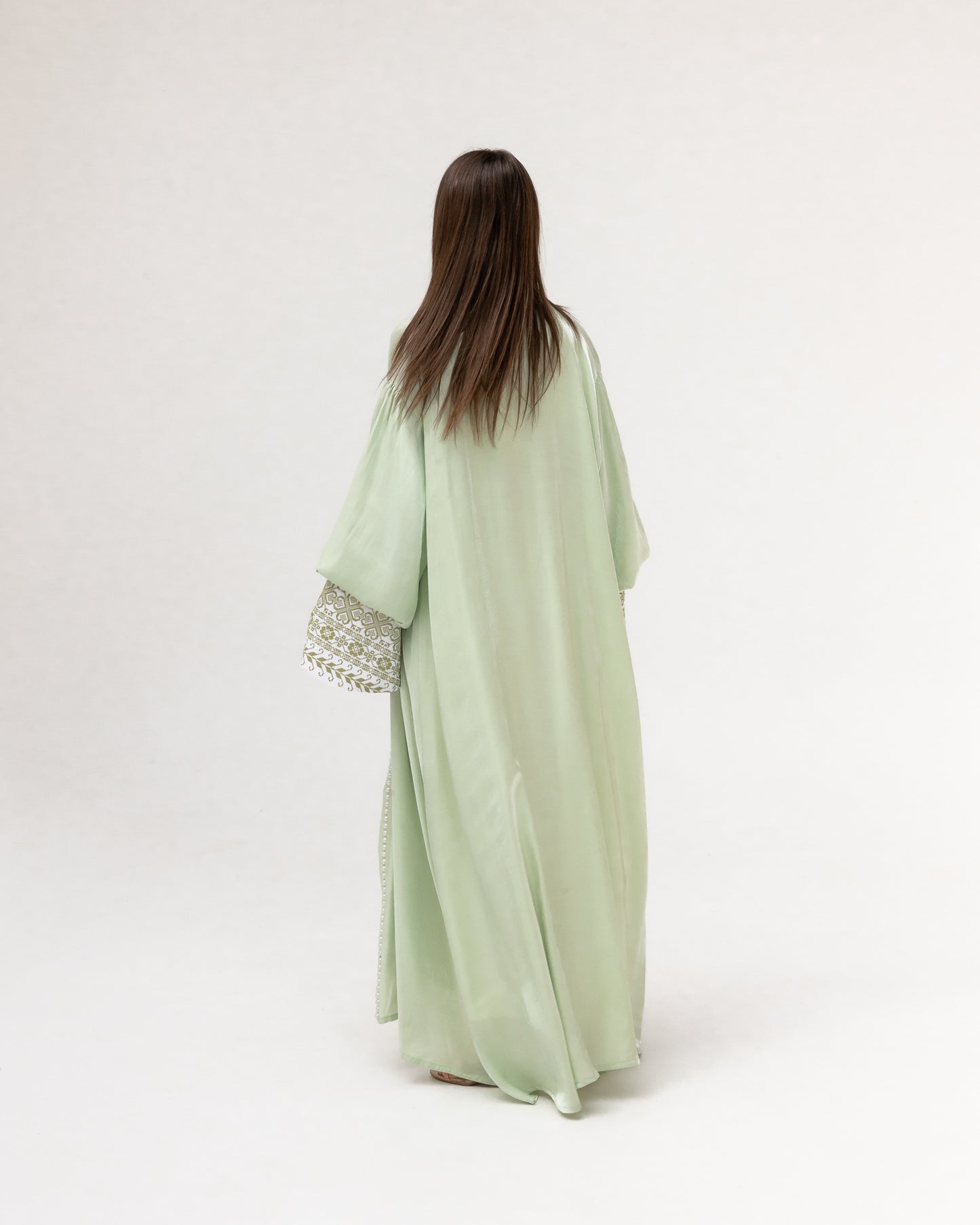 Pastel Green Abaya with Pearls and Embroidery