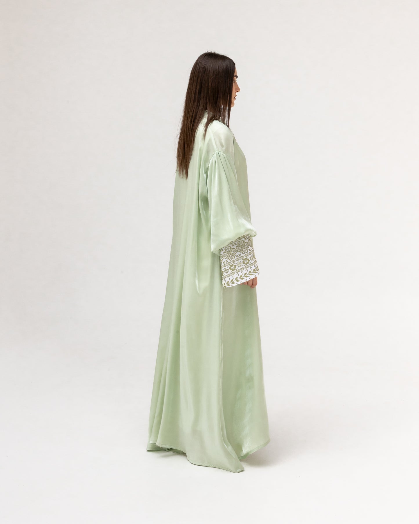 Pastel Green Abaya with Pearls and Embroidery