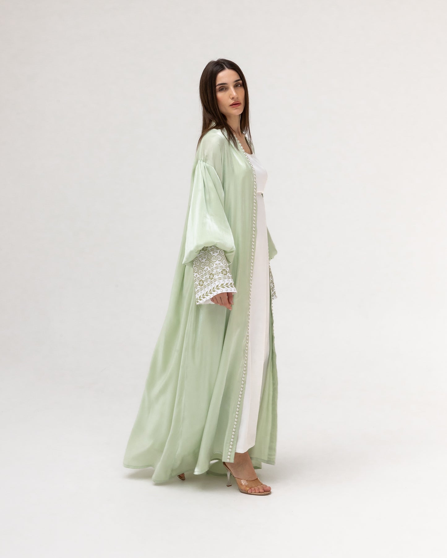 Pastel Green Abaya with Pearls and Embroidery