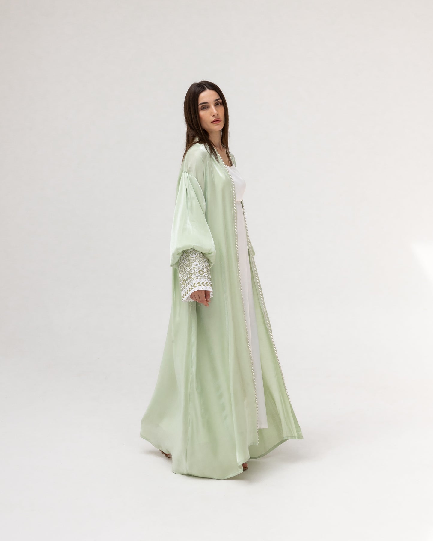 Pastel Green Abaya with Pearls and Embroidery