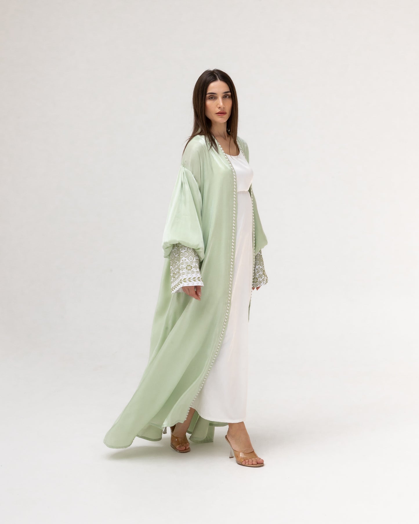 Pastel Green Abaya with Pearls and Embroidery