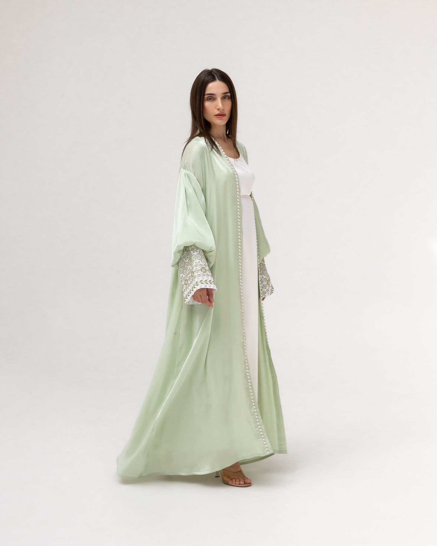 Pastel Green Abaya with Pearls and Embroidery